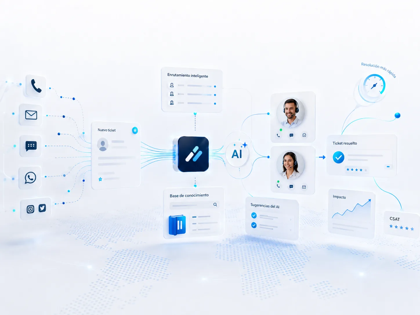 Help desk con IA aplicada: tickets, enrutamiento inteligente, base de conocimiento y asistencia al agente
