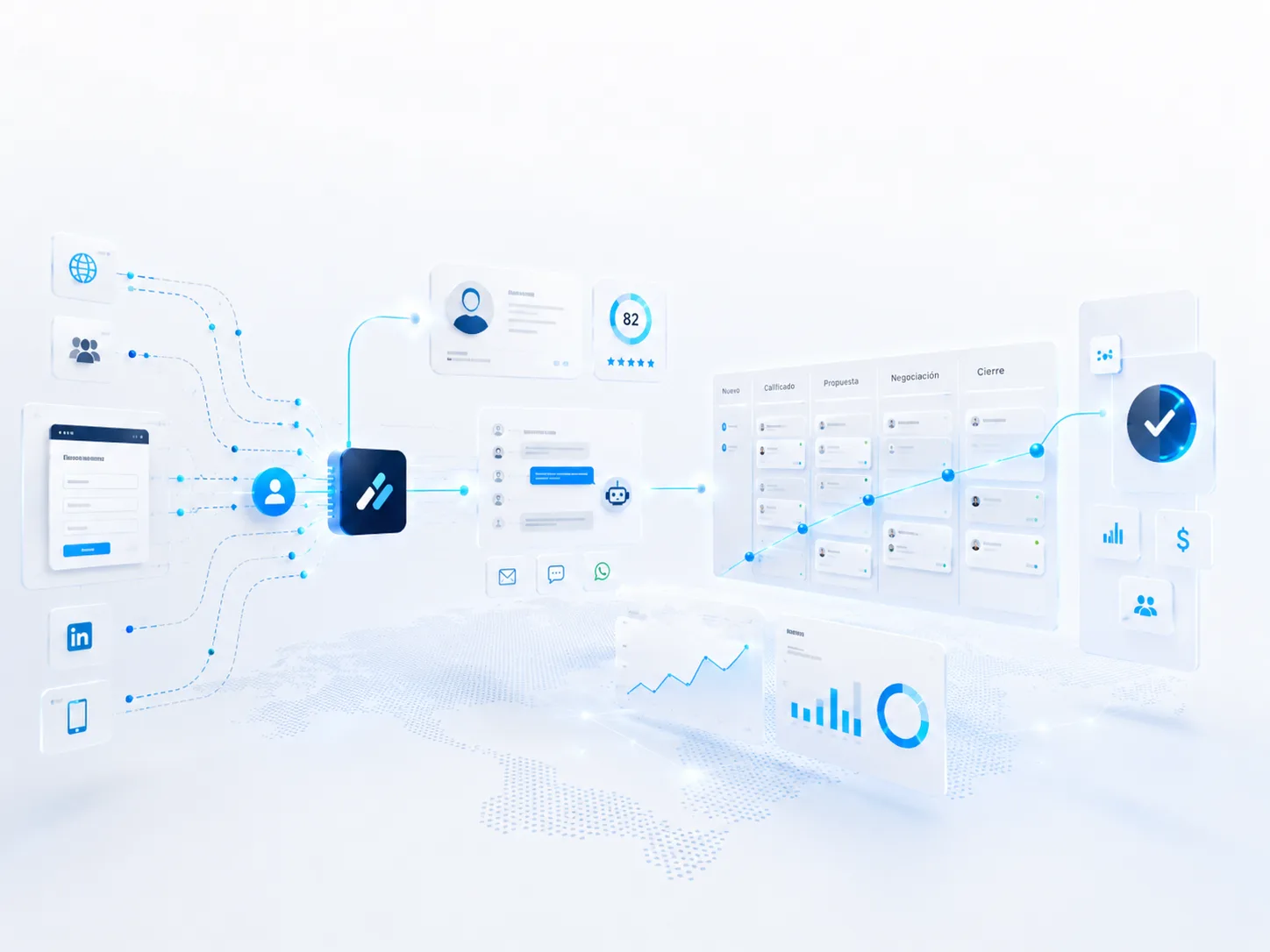 Captación y orquestación de leads: formularios, scoring, automatización conversacional y pipeline comercial